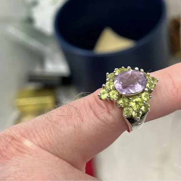 Vintage SETA Sterling Silver Amethyst & Peridot Cluster Ring Size 5 - Picture 10 of 16